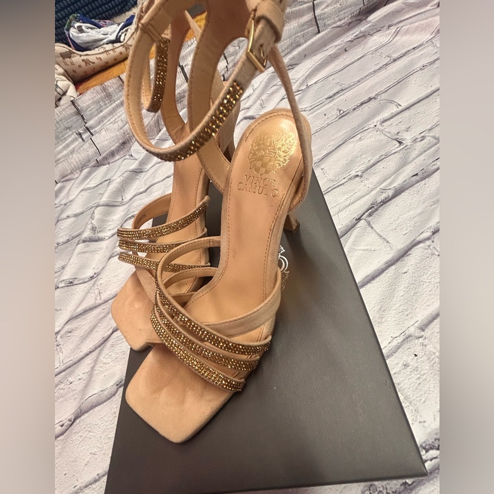 Vince Camuto Tan Strappy Heels with Gold Accents